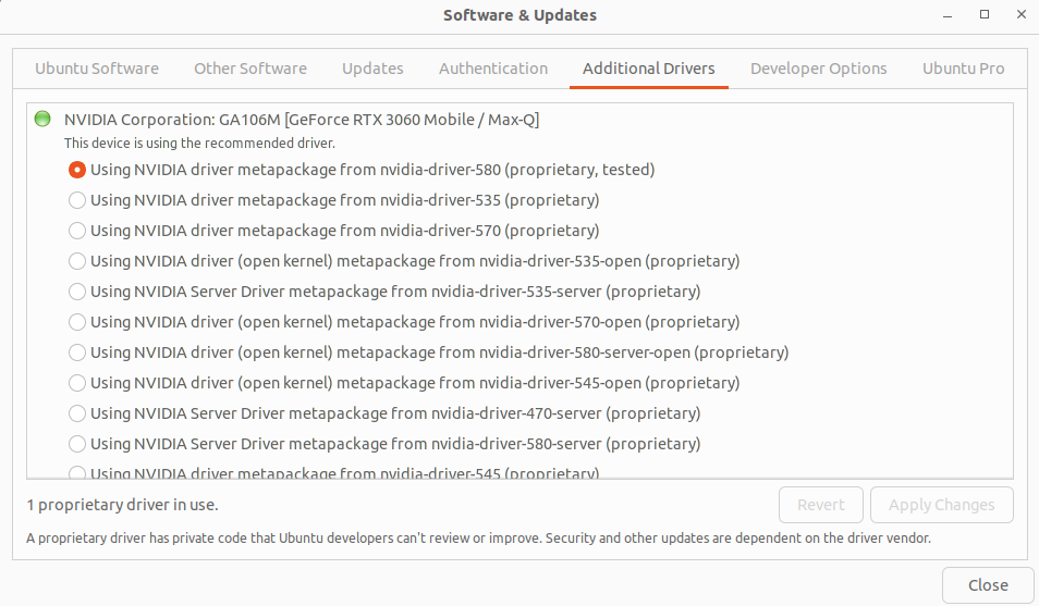 Software and Updates selected version