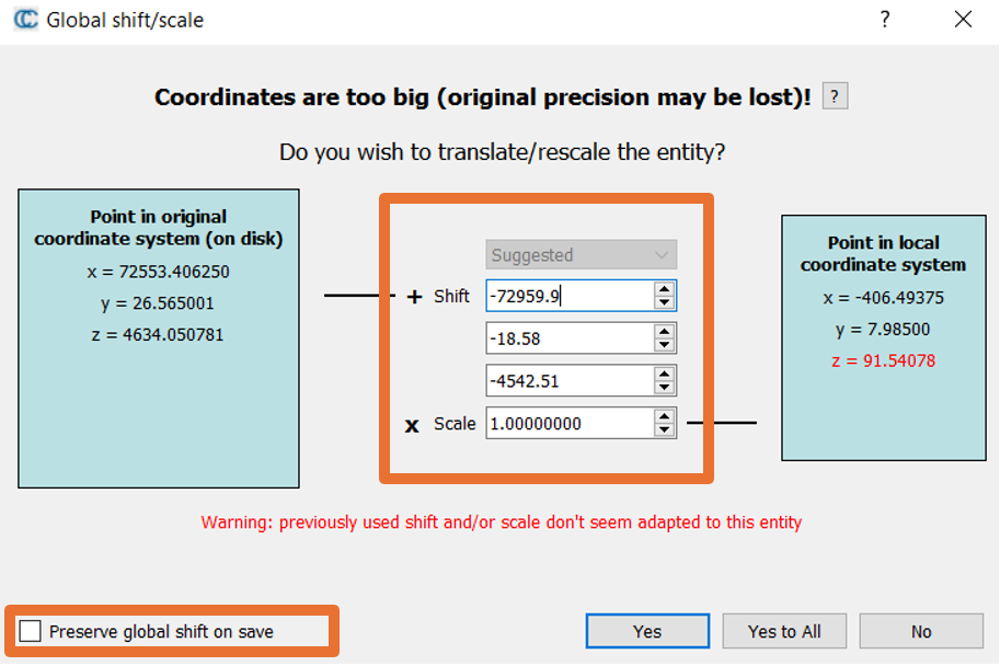 Input fields for transformation settings